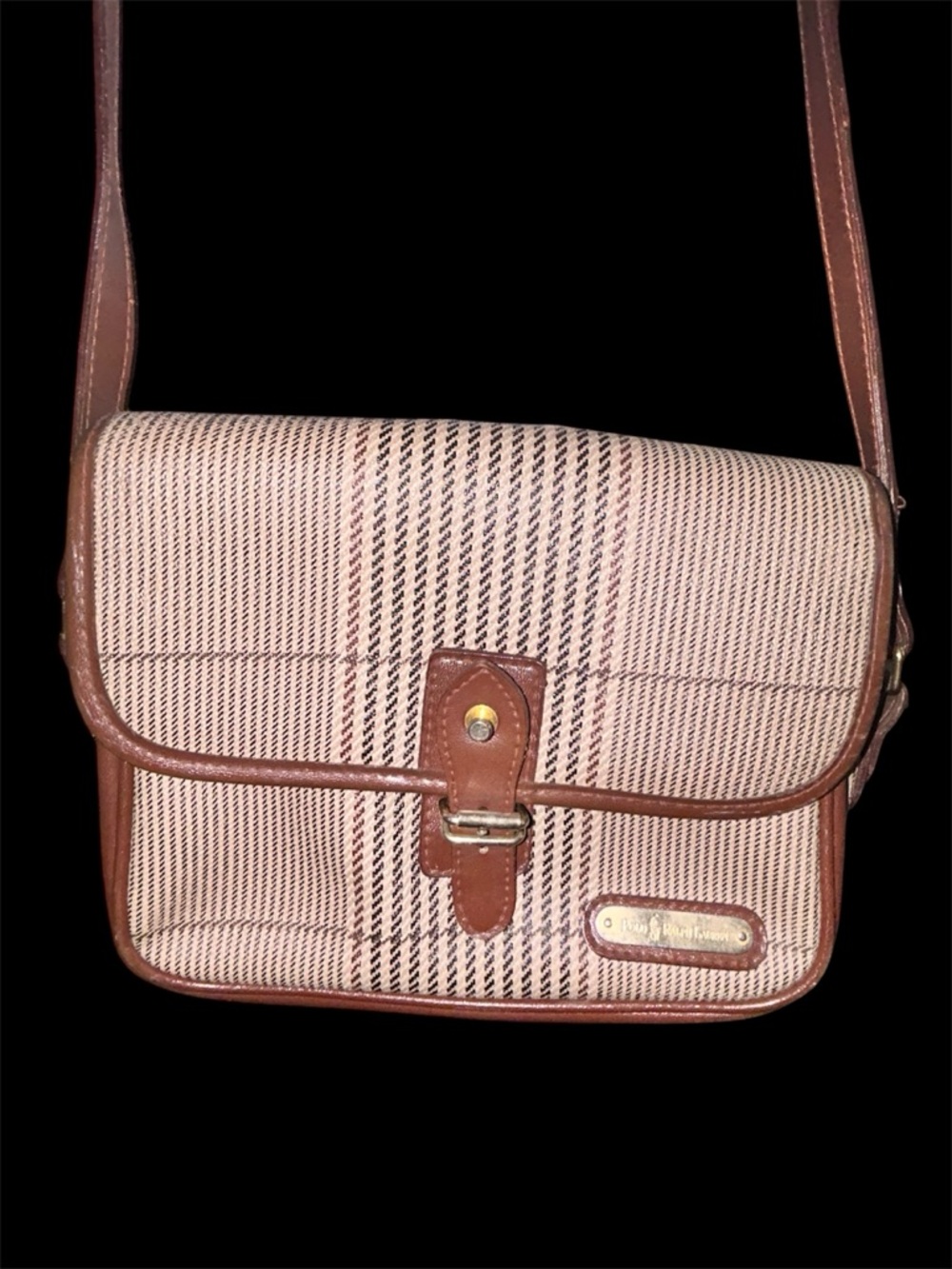 VTG Polo Ralph Lauren Plaid Crossbody Bag Coated Canvas Leather Trim Brown